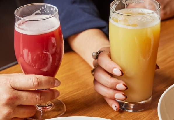 Drinks and food at Trillium Brewing in Fort Point