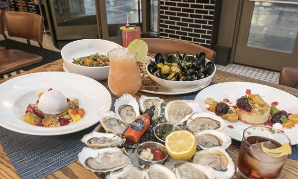 Seafood entrees and colorful desserts