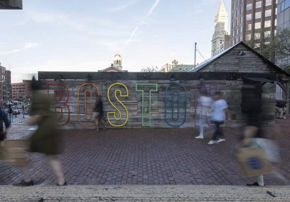 Boston sign over a wall outside City Hall Plaza