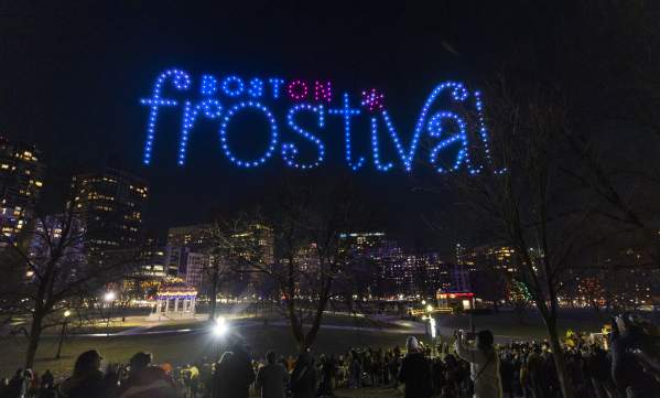 Drones displaying "Boston Frostival" during Meet Boston's Holiday Drone Shows on Boston Common