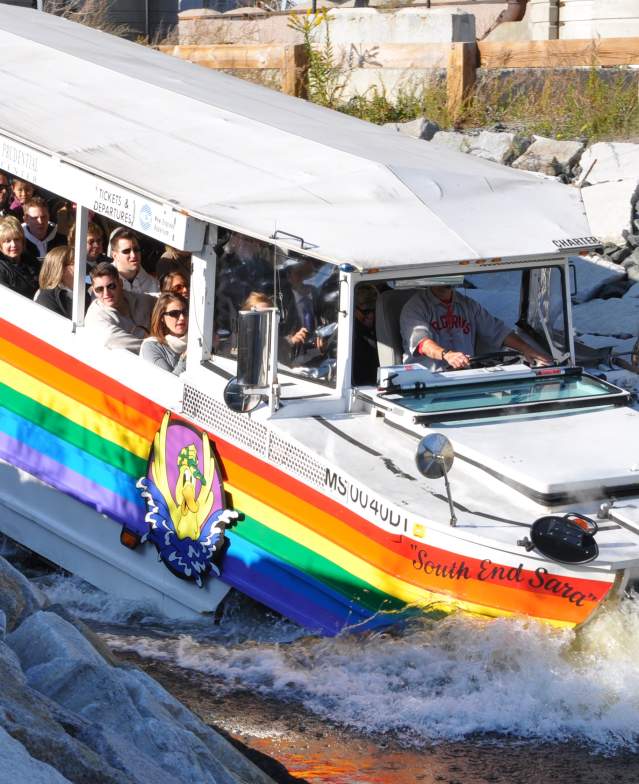 Full Duck Tour vehicle as it drives into the water