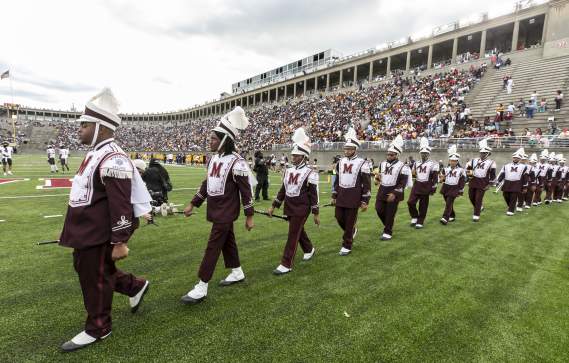 Band walking on field during half time of the 2025 Essence HBCU Classic