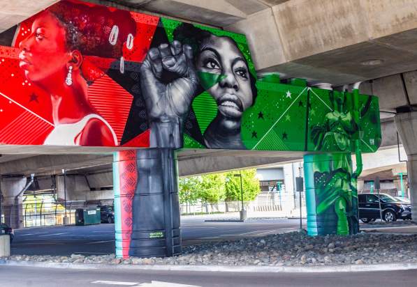 Boston mural featuring Nina Simone with raised fist