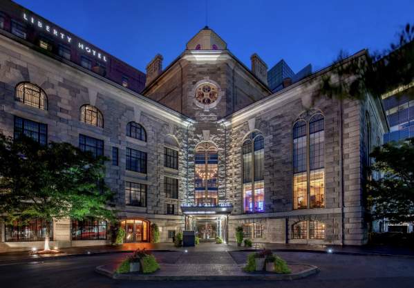 Exterior of Liberty Hotel at night